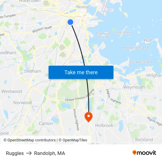 Ruggles to Randolph, MA map