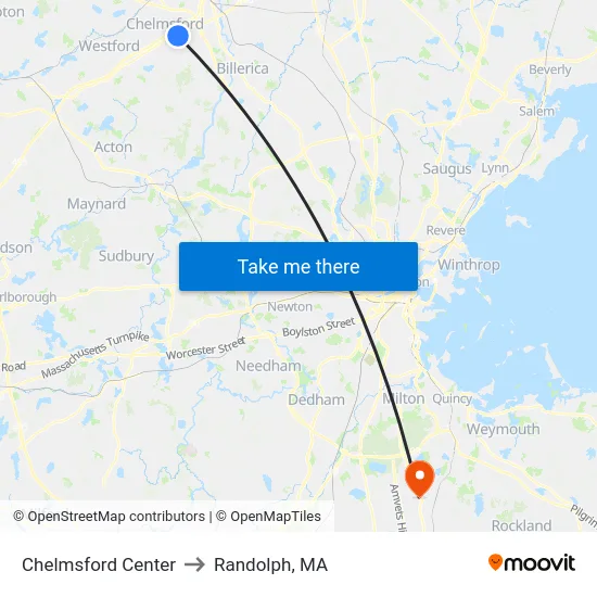 Chelmsford Center to Randolph, MA map