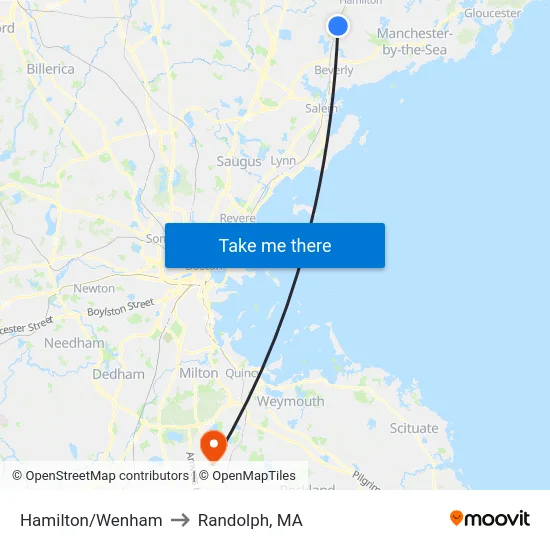 Hamilton/Wenham to Randolph, MA map