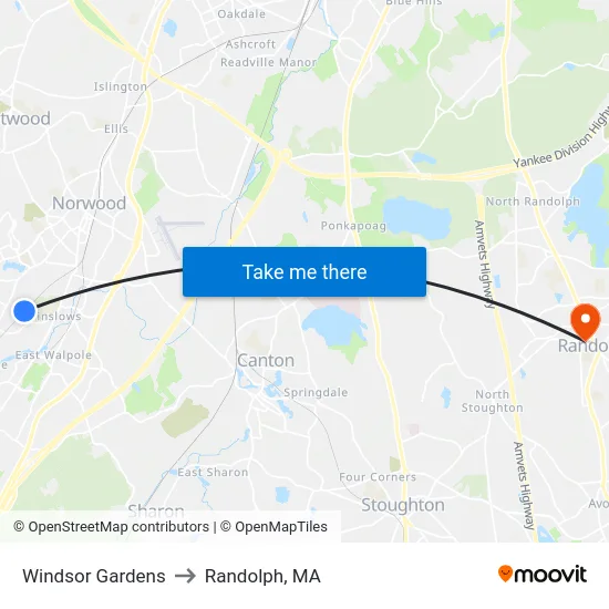 Windsor Gardens to Randolph, MA map