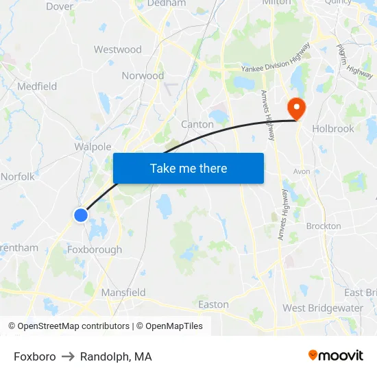Foxboro to Randolph, MA map