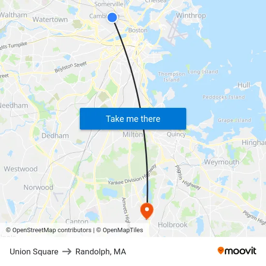 Union Square to Randolph, MA map