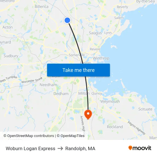 Woburn Logan Express to Randolph, MA map