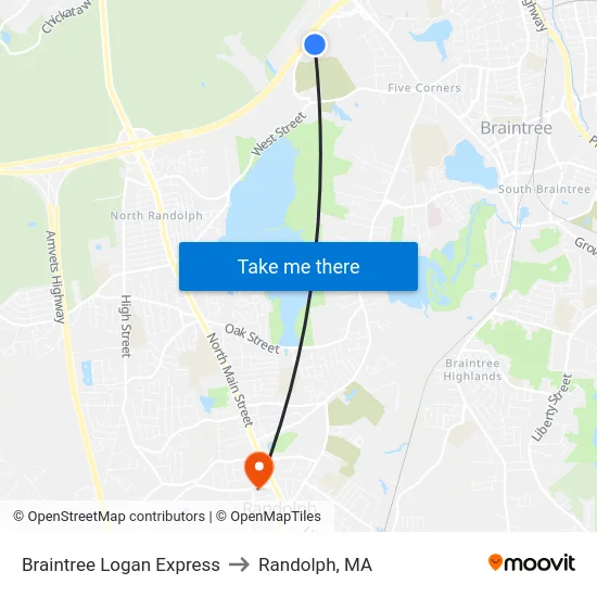 Braintree Logan Express to Randolph, MA map