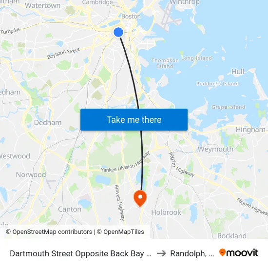 Dartmouth Street Opposite Back Bay Station to Randolph, MA map