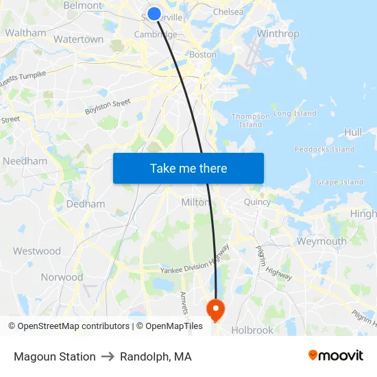 Magoun Station to Randolph, MA map