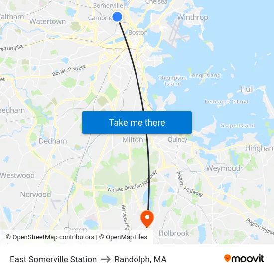 East Somerville Station to Randolph, MA map