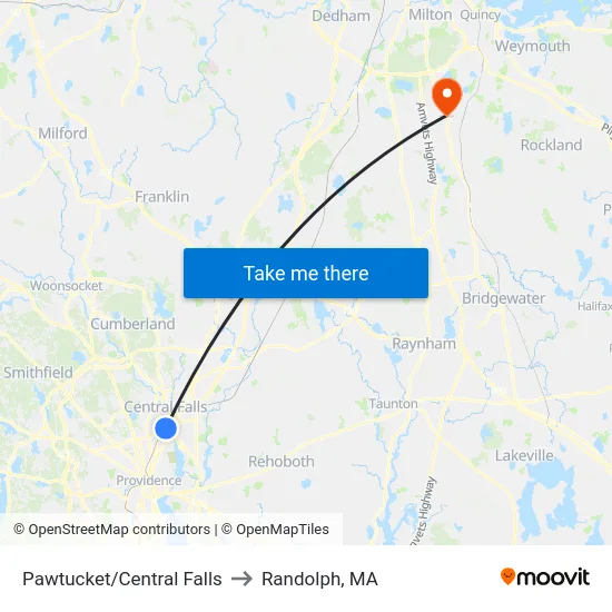 Pawtucket/Central Falls to Randolph, MA map