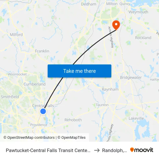 Pawtucket-Central Falls Transit Center (Stop B) to Randolph, MA map
