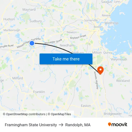 Framingham State University to Randolph, MA map