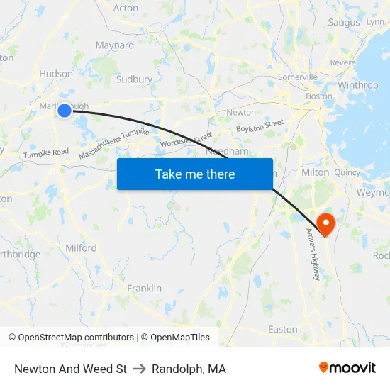 Newton And Weed St to Randolph, MA map