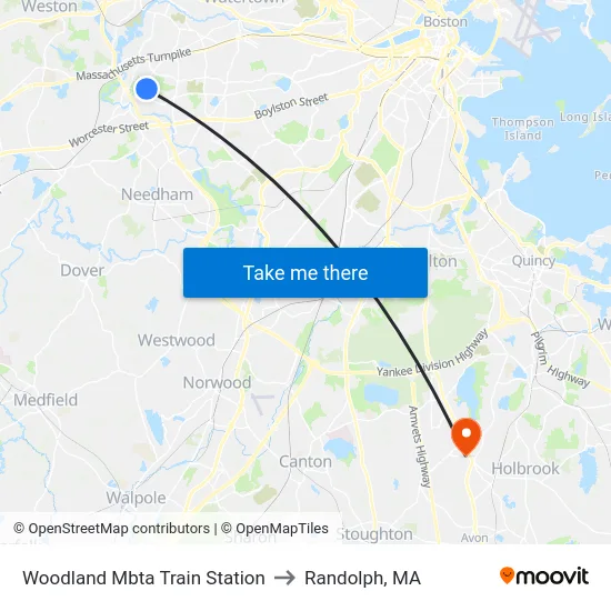 Woodland Mbta Train Station to Randolph, MA map