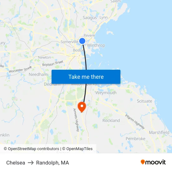 Chelsea to Randolph, MA map