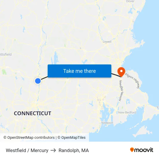 Westfield / Mercury to Randolph, MA map