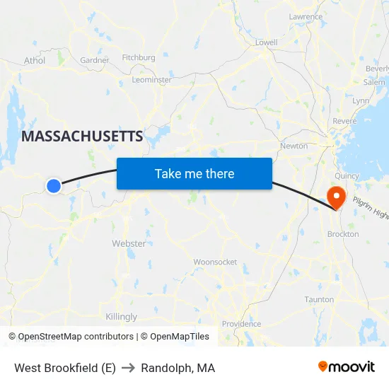 West Brookfield (E) to Randolph, MA map