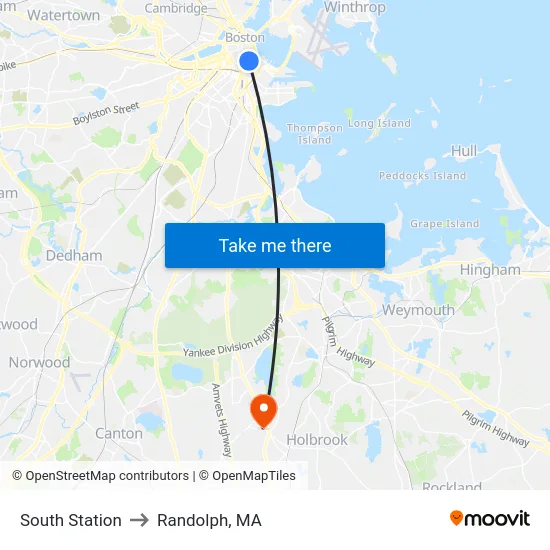 South Station to Randolph, MA map