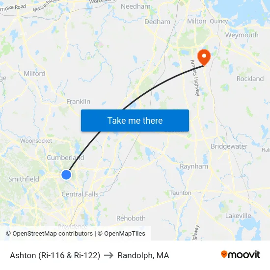 Ashton (Ri-116 & Ri-122) to Randolph, MA map