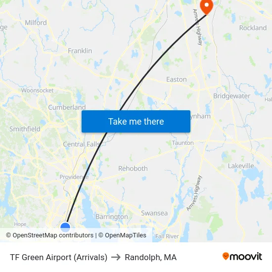 TF Green Airport (Arrivals) to Randolph, MA map