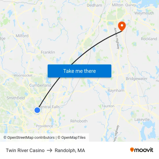 Twin River Casino to Randolph, MA map
