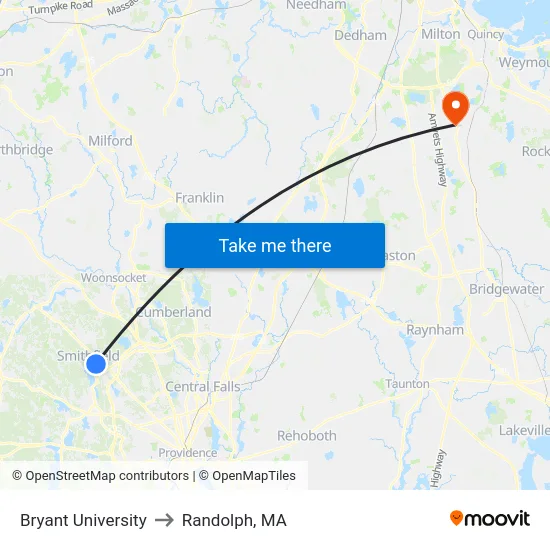 Bryant University to Randolph, MA map