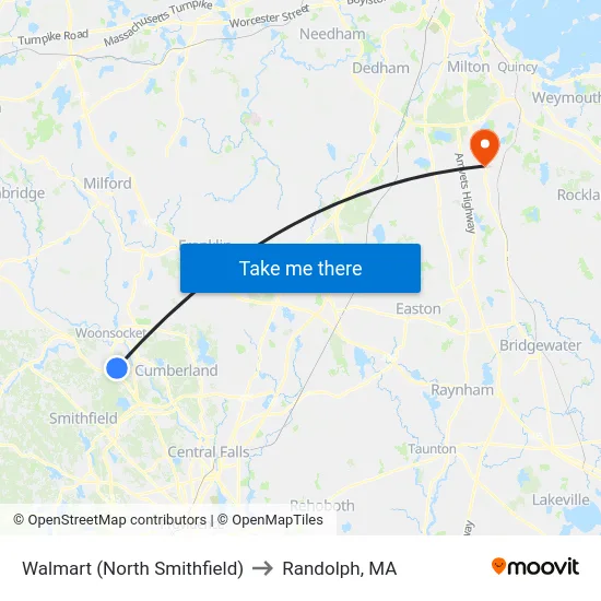 Walmart (North Smithfield) to Randolph, MA map
