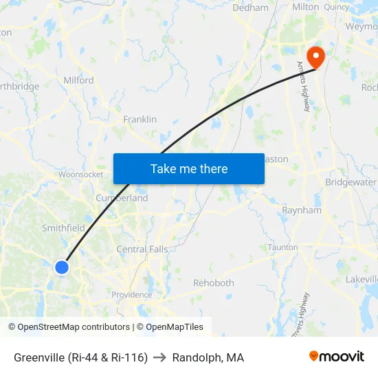 Greenville (Ri-44 & Ri-116) to Randolph, MA map