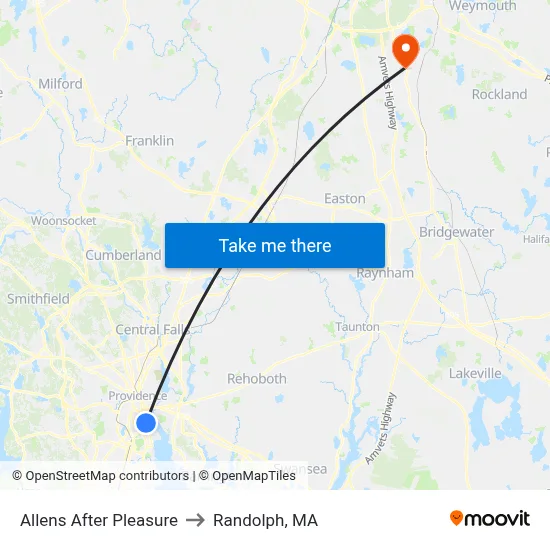 Allens After Pleasure to Randolph, MA map