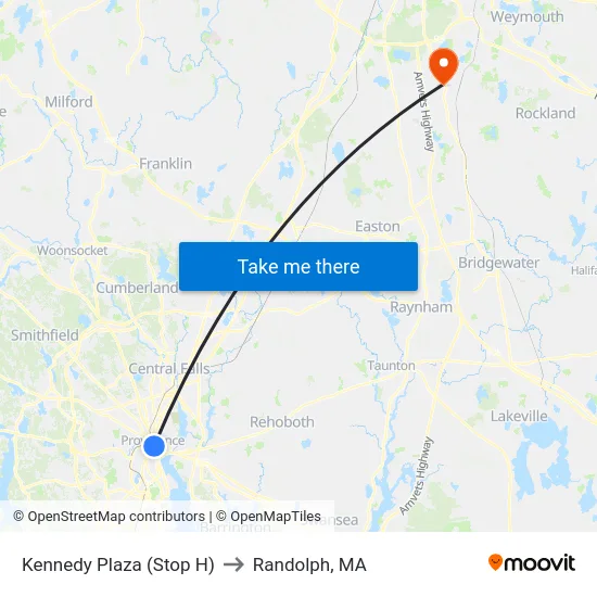 Kennedy Plaza (Stop H) to Randolph, MA map