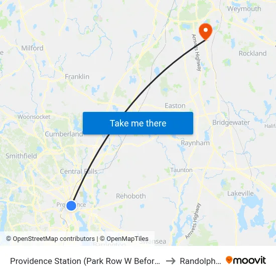 Providence Station (Park Row W Before Exchange) to Randolph, MA map