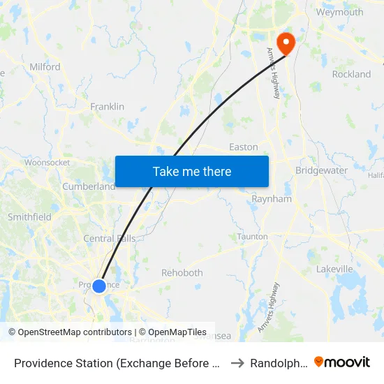 Providence Station (Exchange Before Park Row W) to Randolph, MA map