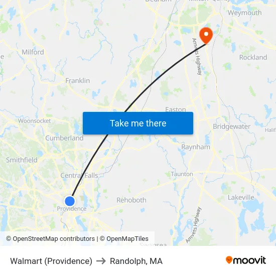 Walmart (Providence) to Randolph, MA map