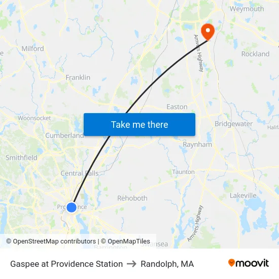 Gaspee at Providence Station to Randolph, MA map