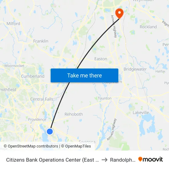 Citizens Bank Operations Center (East Providence) to Randolph, MA map