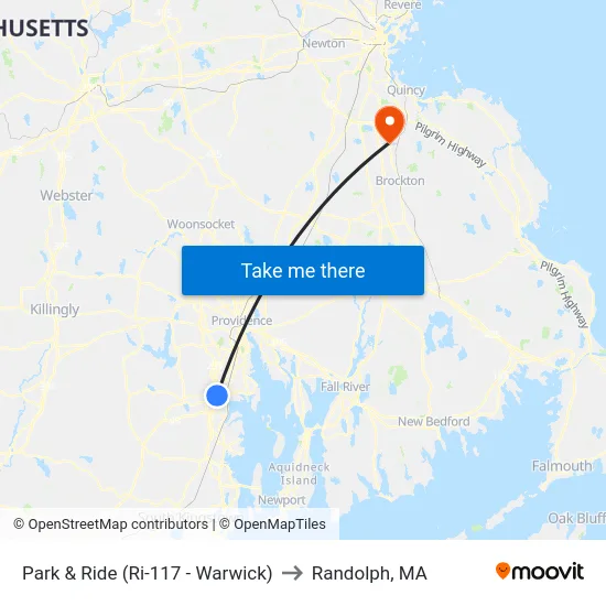 Park & Ride (Ri-117 - Warwick) to Randolph, MA map