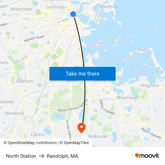 North Station to Randolph, MA map