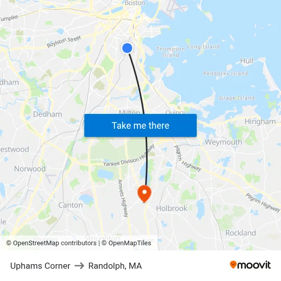 Uphams Corner to Randolph, MA map