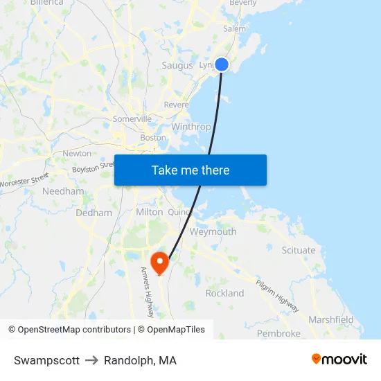Swampscott to Randolph, MA map
