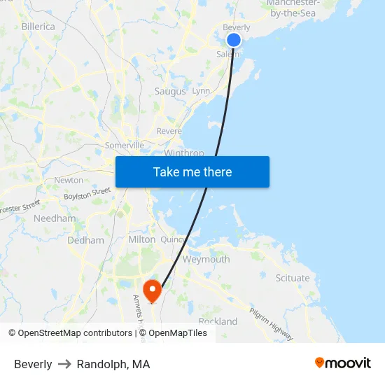 Beverly to Randolph, MA map