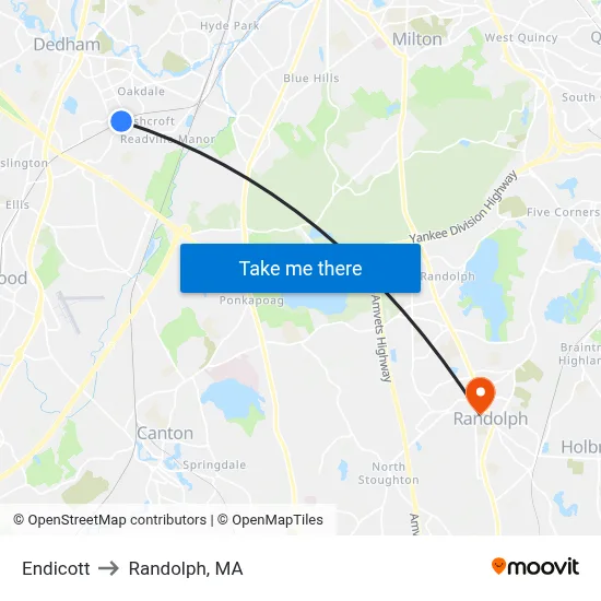 Endicott to Randolph, MA map