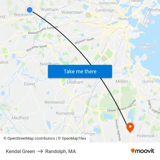 Kendal Green to Randolph, MA map