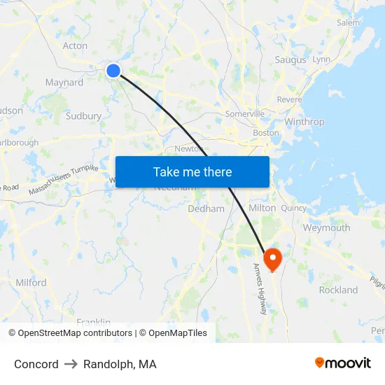 Concord to Randolph, MA map