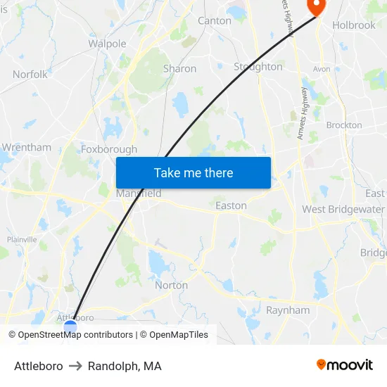 Attleboro to Randolph, MA map