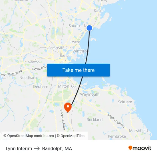 Lynn Interim to Randolph, MA map