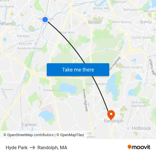 Hyde Park to Randolph, MA map