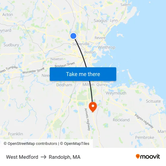 West Medford to Randolph, MA map