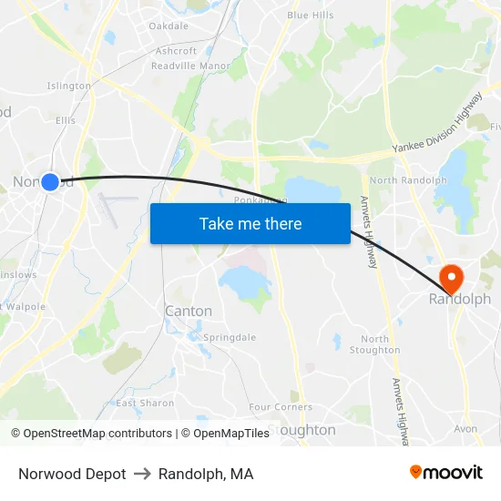 Norwood Depot to Randolph, MA map