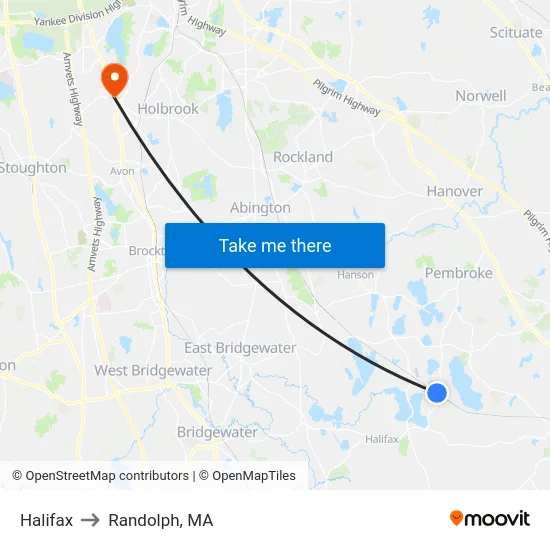 Halifax to Randolph, MA map