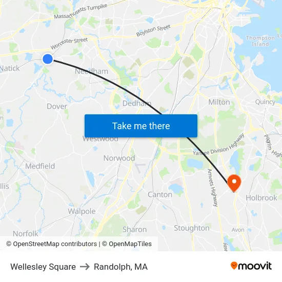 Wellesley Square to Randolph, MA map