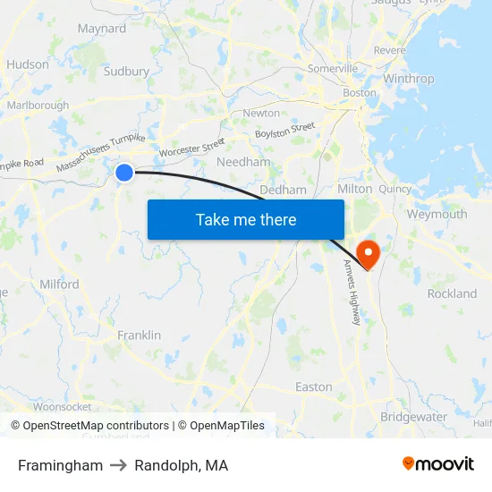 Framingham to Randolph, MA map