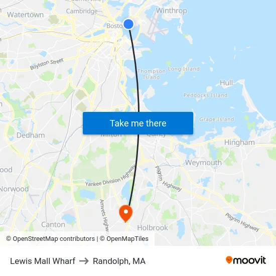 Lewis Mall Wharf to Randolph, MA map